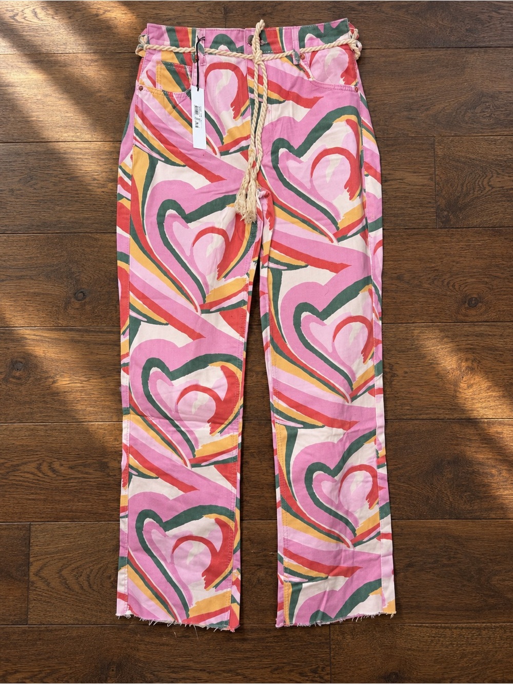 River Island 90s Tie Back Straight Jeans in Pink Print Sz 8 NWT